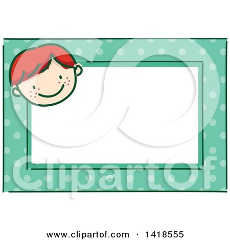 Clipart of a Sketched Red Hair Caucasian Boy's Face on a Polka Dot Tag Frame - Royalty Free Vector Illustration by BNP Design Studio