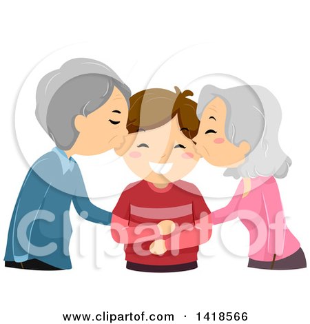 Clipart of a Senior Couple, or Grandparents, Kissing a Boy - Royalty Free Vector Illustration by BNP Design Studio