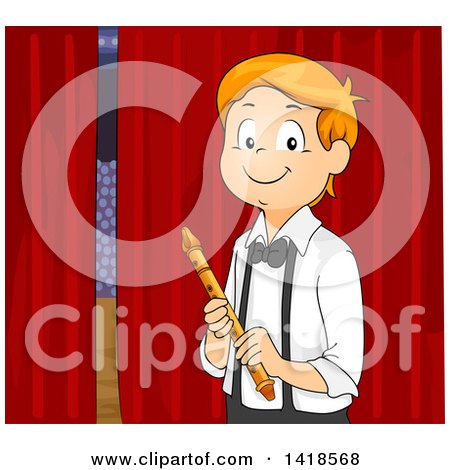 Clipart of a Happy Caucasian Boy Ready to Play a Flute in a Talent Show - Royalty Free Vector Illustration by BNP Design Studio