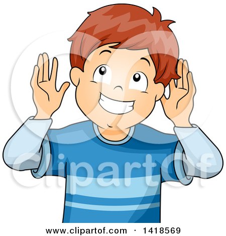 Clipart of a Brunette Caucasian Boy Listening - Royalty Free Vector Illustration by BNP Design Studio