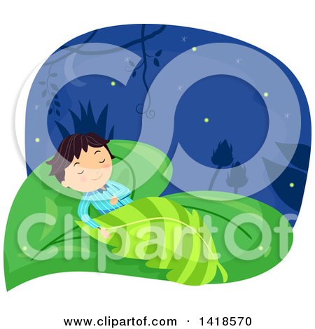 Clipart of a Boy Sleeping on a Leaf Bed - Royalty Free Vector Illustration by BNP Design Studio