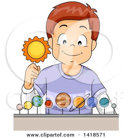 Clipart of a Brunette Caucasian Boy with Planets of the Solar System - Royalty Free Vector Illustration by BNP Design Studio