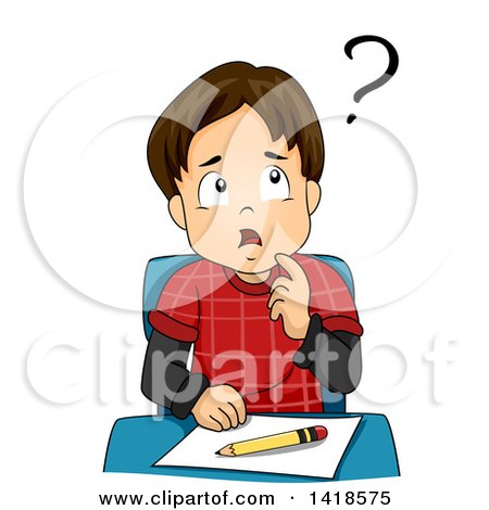 Clipart of a Confused Brunette Caucasian School Boy Thinking - Royalty Free Vector Illustration by BNP Design Studio