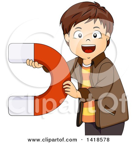 Clipart of a Brunette Caucasian Boy Holding a Large Magnet - Royalty Free Vector Illustration by BNP Design Studio