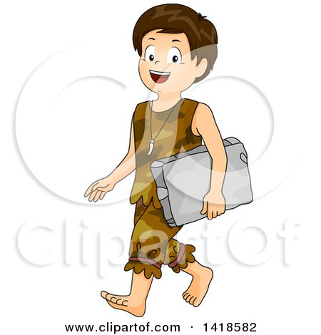 Clipart of a Caveman School Boy Walking and Carrying a Stone Tablet - Royalty Free Vector Illustration by BNP Design Studio