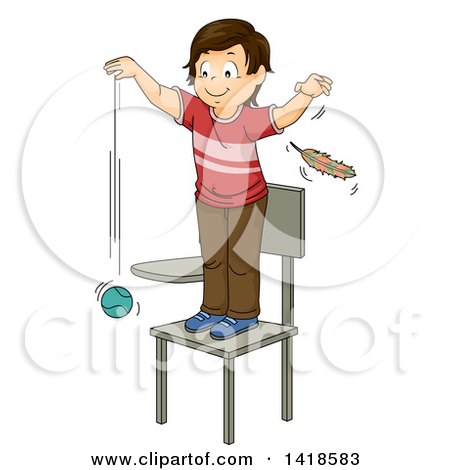 Clipart of a Brunette Caucasian School Boy Standing on a Chair, Dropping a Ball and a Feather - Royalty Free Vector Illustration by BNP Design Studio