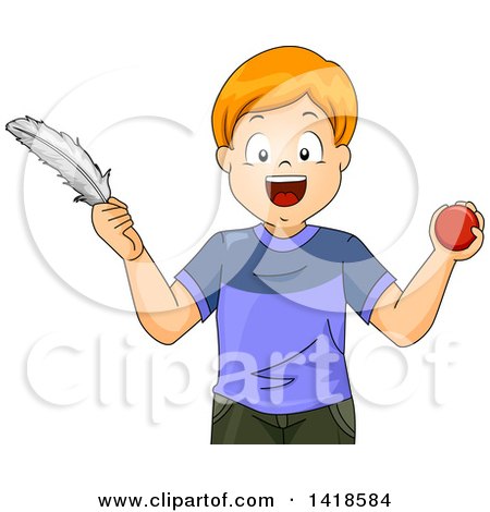 Clipart of a Red Haired Caucasian Boy Comparing a Ball and Feather - Royalty Free Vector Illustration by BNP Design Studio