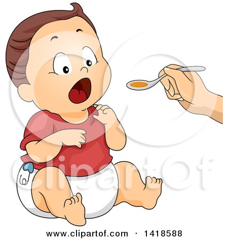 Clipart of a Hand Holding out a Spoon with Cough Syrup for a Sick Baby - Royalty Free Vector Illustration by BNP Design Studio