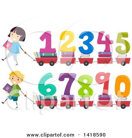 Clipart of School Chidren Pulling Wagons or Carts with Books and Numbers - Royalty Free Vector Illustration by BNP Design Studio