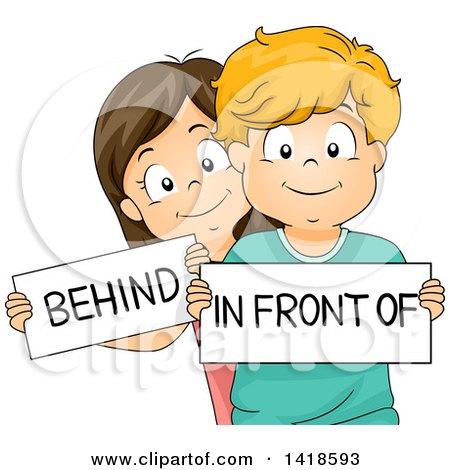 Clipart of a Caucasian School Boy and Girl Holding Behind and in Front of Signs - Royalty Free Vector Illustration by BNP Design Studio