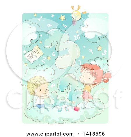 Clipart of a Sketched Boy and Girl with Numbers in the Sky - Royalty Free Vector Illustration by BNP Design Studio
