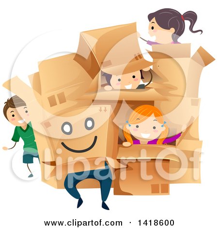 Clipart of a Group of Children Playing with Cardboard Boxes - Royalty Free Vector Illustration by BNP Design Studio