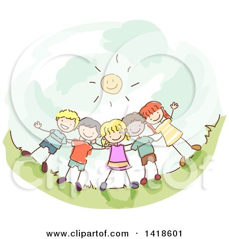 Clipart of a Group of Stick Children Under a Happy Sun - Royalty Free Vector Illustration by BNP Design Studio