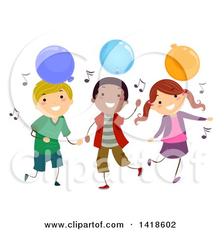Clipart of a Group of Children Dancing with Music Notes and Party Balloons - Royalty Free Vector Illustration by BNP Design Studio