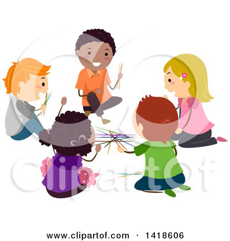 Clipart of a Group of Children Playing Pick up Sticks - Royalty Free Vector Illustration by BNP Design Studio