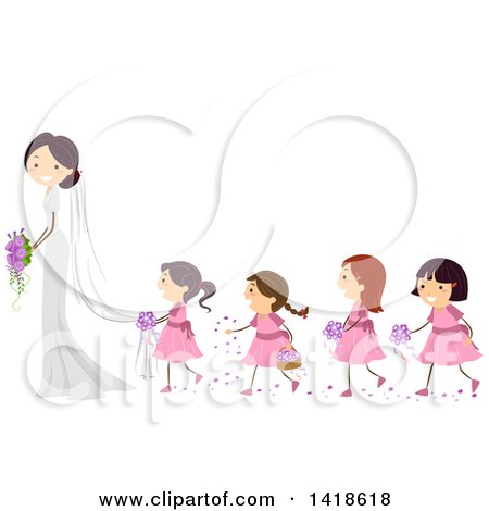 Clipart of a Line of Flower Girls Behind a Bride - Royalty Free Vector Illustration by BNP Design Studio