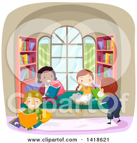 Clipart of a Group of Children Reading in a Nook - Royalty Free Vector Illustration by BNP Design Studio