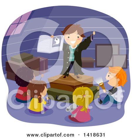 Clipart of a Group of Children Around a Boy Telling a Ghost Story in an Attic - Royalty Free Vector Illustration by BNP Design Studio