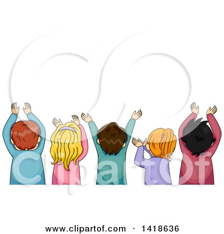 Clipart of a Rear View of a Group of Children Raising Their Arms - Royalty Free Vector Illustration by BNP Design Studio