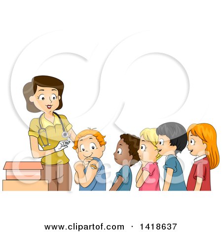 Clipart of a Female Nurse and Line of Children Ready for a Vaccine - Royalty Free Vector Illustration by BNP Design Studio