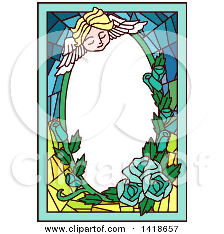 Clipart of a Stained Glass Angel Cherub and Roses Frame - Royalty Free Vector Illustration by BNP Design Studio
