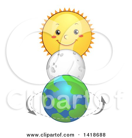 Clipart of a Moon Between a Sun Character and Planet Earth - Royalty Free Vector Illustration by BNP Design Studio