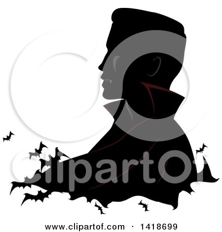 Clipart of a Profiled Silhouette of a Vampire with Flying Bats - Royalty Free Vector Illustration by BNP Design Studio
