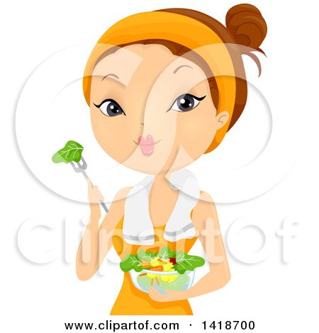 Clipart of a Brunette Caucasian Woman Eating a Post Workout Salad - Royalty Free Vector Illustration by BNP Design Studio
