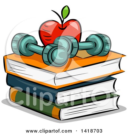 Clipart of a Sketched Apple and Dumbbells on Top of Books - Royalty Free Vector Illustration by BNP Design Studio