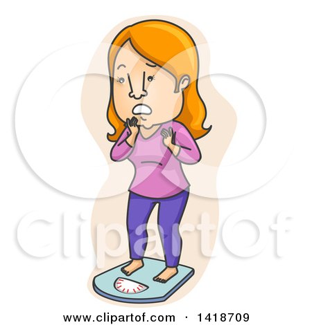 Clipart of a Cartoon White Woman Gasping and Checking Her Body Weight - Royalty Free Vector Illustration by BNP Design Studio