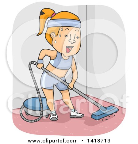 Clipart of a Cartoon Red Haired White Woman Sweating While Vacuuming - Royalty Free Vector Illustration by BNP Design Studio
