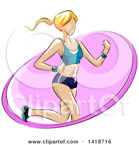 Clipart of a Sketched Fit Blond Caucasian Woman Running in a Pink Oval - Royalty Free Vector Illustration by BNP Design Studio