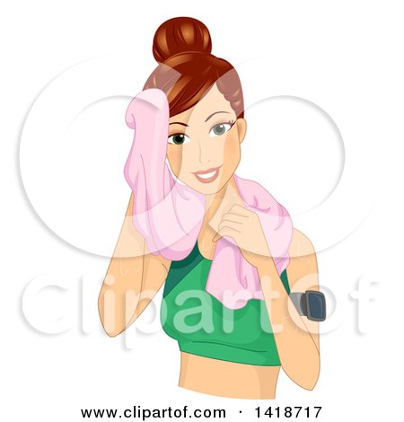 Clipart of a Fit Brunette Caucasian Woman Toweling off Her Face and Wearing a Fitness Tracker - Royalty Free Vector Illustration by BNP Design Studio