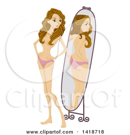 Clipart of a Dirty Blond Caucasian Anorexic Woman Looking at Her Reflection and Seeing a Different Body in the Mirror - Royalty Free Vector Illustration by BNP Design Studio