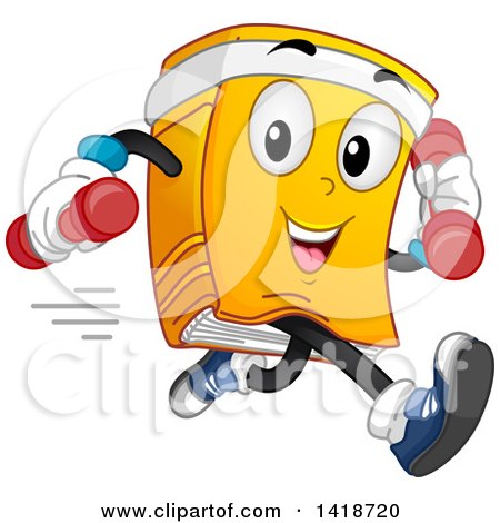 Clipart of a Fitness Book Mascot Running with Dumbbells - Royalty Free Vector Illustration by BNP Design Studio