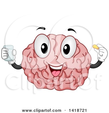 Clipart of a Brain Mascot Taking Vitamins - Royalty Free Vector Illustration by BNP Design Studio