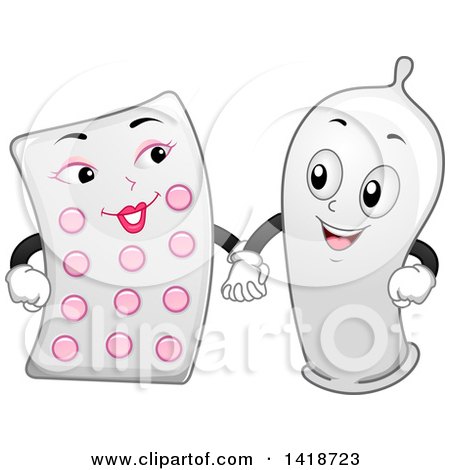 Clipart of a Condom Hodling Hands with a Contraceptive Pills Pack - Royalty Free Vector Illustration by BNP Design Studio