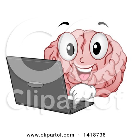 Clipart of a Brain Mascot Using a Laptop Computer - Royalty Free Vector Illustration by BNP Design Studio