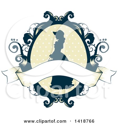 Clipart of a Silhouetted Cameo of a Victorian Woman in a Floral Frame with a Blank Ribbon - Royalty Free Vector Illustration by BNP Design Studio
