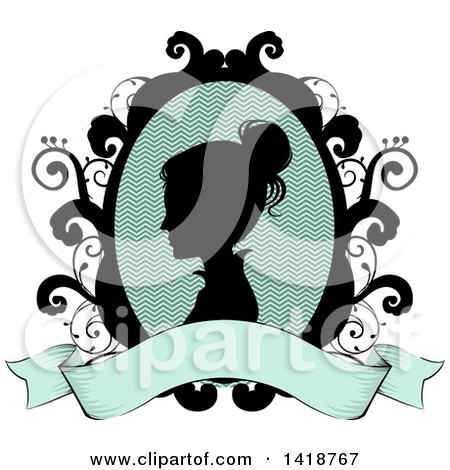 Clipart of a Silhouetted Victorian Woman Cameo in a Floral Frame with a Blank Ribbon Banner - Royalty Free Vector Illustration by BNP Design Studio