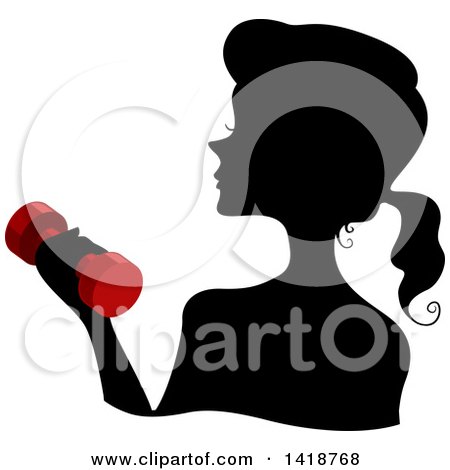 Clipart of a Black Silhouetted Woman with Her Hair in a Pony Tail, Working out and Holding a Red Dumbbell - Royalty Free Vector Illustration by BNP Design Studio