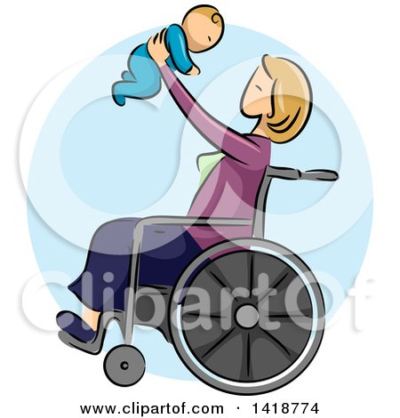 Clipart of a Sketched Blond Caucasian Mother Sitting in a Wheelchair and Holding up Her Baby - Royalty Free Vector Illustration by BNP Design Studio