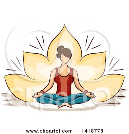 Clipart of a Sketched Brunette White Woman Sitting in a Lotus Pose - Royalty Free Vector Illustration by BNP Design Studio