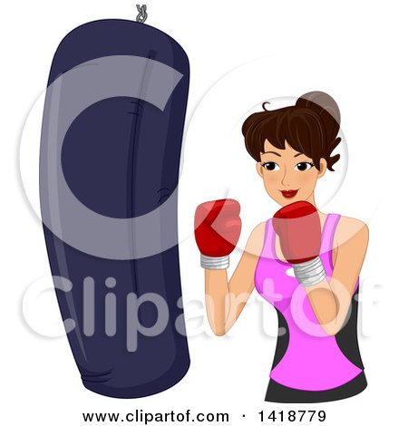Clipart of a Brunette Caucasian Woman Boxing with a Punching Bag - Royalty Free Vector Illustration by BNP Design Studio