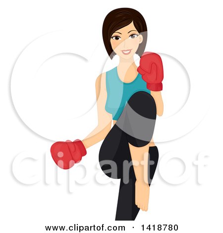 Clipart of a Fit Woman Wearing Boxing Gloves and Kicking - Royalty Free Vector Illustration by BNP Design Studio