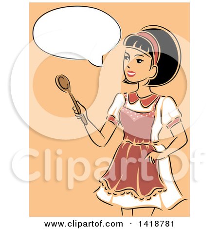 Clipart of a Sketched Retro Housewife Wearing an Apron, Talking and Holding a Spoon - Royalty Free Vector Illustration by BNP Design Studio
