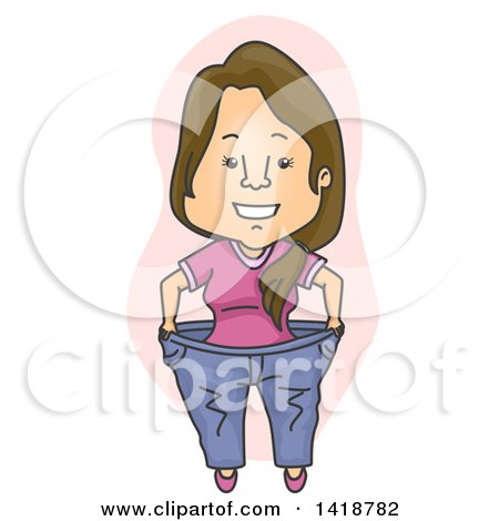 Clipart of a Cartoon Brunette White Woman Showing How Much Weight She Has Lost and Wearing Her Fat Pants - Royalty Free Vector Illustration by BNP Design Studio