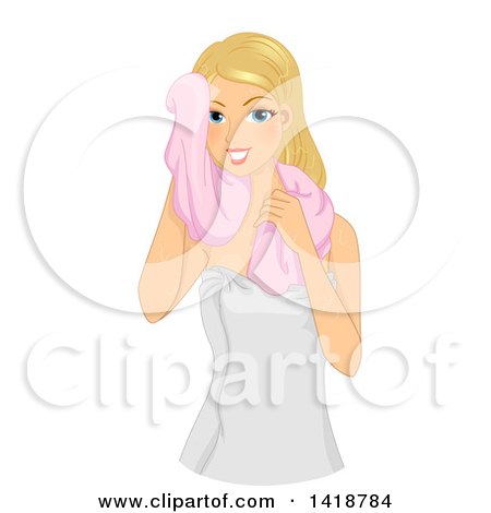 Clipart of a Blond Caucasian Woman Towel Drying off After a Bath - Royalty Free Vector Illustration by BNP Design Studio