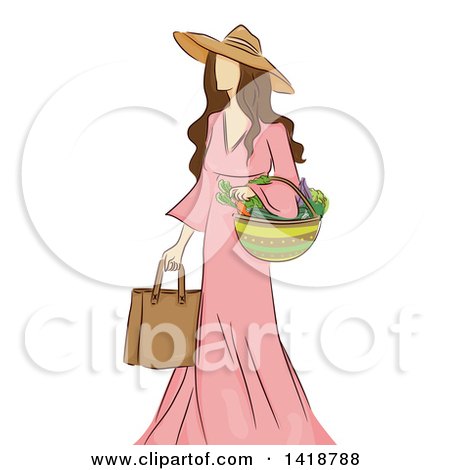 Clipart of a Sketched Brunette Caucasian Woman Carrying a Bag and Basket of Vegetables - Royalty Free Vector Illustration by BNP Design Studio