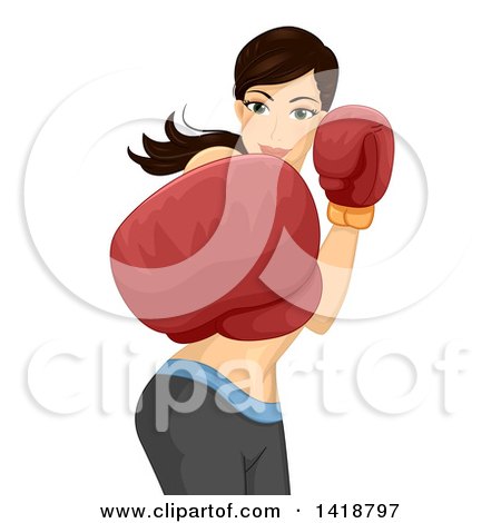 Clipart of a Brunette Caucasian Woman Punching - Royalty Free Vector Illustration by BNP Design Studio